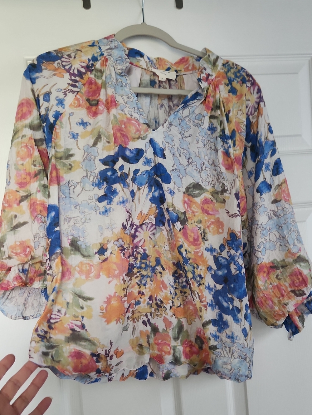 Umgee Floral V-Neck Lightweight Blouse - Blue, Pink, Yellow